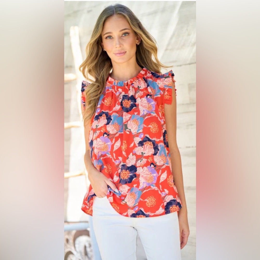Hailey & Co Floral Print Ruffle Neck Blouse